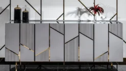 Casa Padrino Luxus Sideboard Grau / Gold 220 x 51 x H. 86 cm - Massivholz Schrank mit 4 Türen - Esszimmer Möbel - Wohnzimmer Möbel - Hotel Möbel - Luxus Möbel