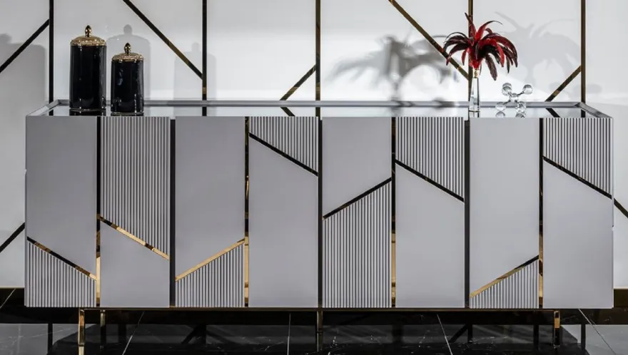 Casa Padrino Luxus Sideboard Grau / Gold 220 x 51 x H. 86 cm - Massivholz Schrank mit 4 Türen - Esszimmer Möbel - Wohnzimmer Möbel - Hotel Möbel - Luxus Möbel