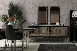 Casa Padrino Luxus Sideboard mit 4 verspiegelten Türen Schwarz / Silber 208 x 49 x H. 88 cm - Luxus Wohnzimmer Möbel