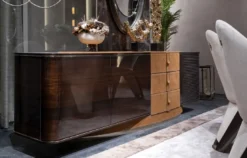 Casa Padrino Luxus Sideboard Hellbraun / Dunkelbraun / Grau / Gold 249 x 52,5 x H. 76 cm - Massivholz Schrank mit 3 Türen und 3 Schubladen - Luxus Möbel - Hotel Möbel - Luxus Einrichtung