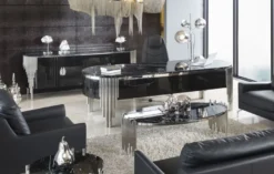 Casa Padrino Luxus Sideboard mit 4 Türen und Kunstmarmor Platte Schwarz / Silber 251,2 cm - Luxus Möbel