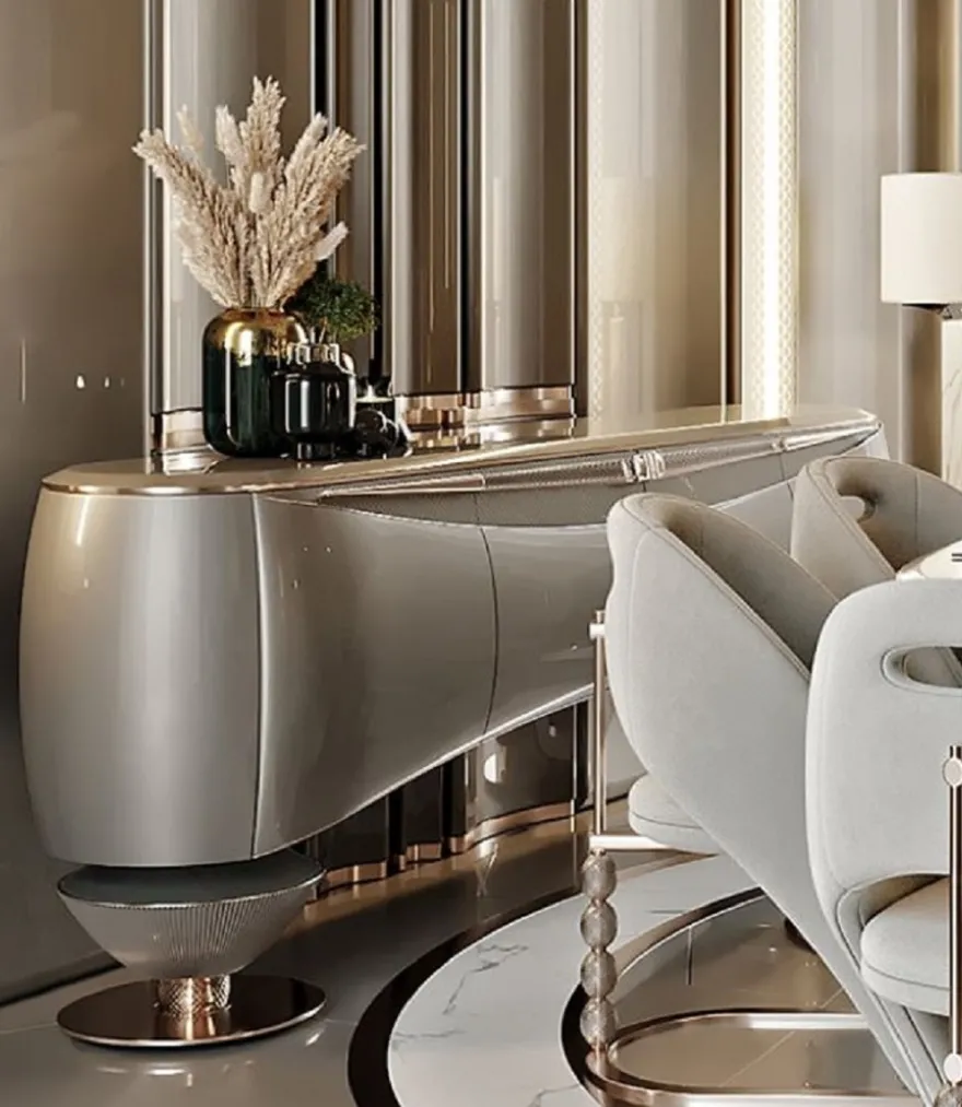 Casa Padrino Luxus Sideboard Silbergrau / Kupfer 234,1 x 52,2 x H. 85,3 cm - Massivholz Schrank mit 4 Türen - Luxus Möbel - Hotel Möbel - Luxus Einrichtung