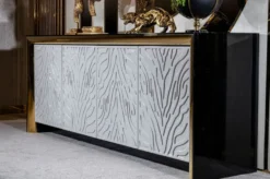 Casa Padrino Luxus Sideboard Schwarz / Weißgrau / Gold 220 x 52 x H. 87,5 cm - Edler Massivholz Schrank mit 4 Türen - Luxus Möbel - Luxus Einrichtung