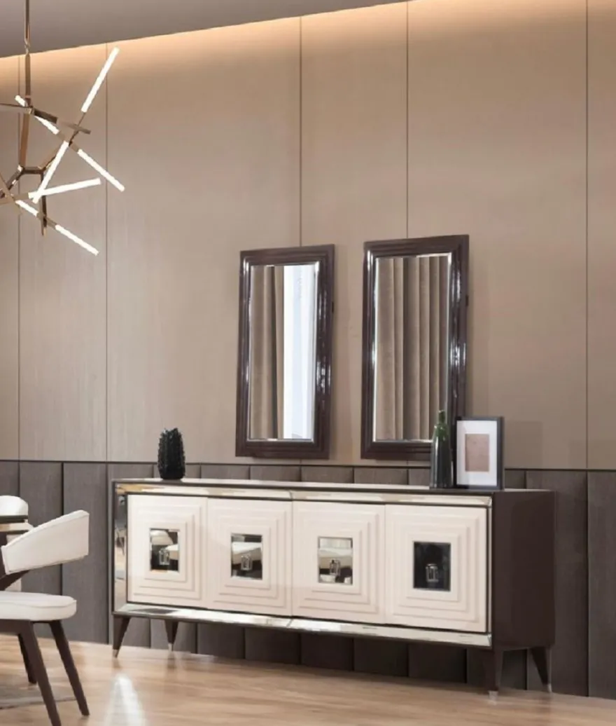 Casa Padrino Luxus Sideboard Dunkelbraun / Creme / Silber 220 x 48 x H. 90 cm - Verspiegelter Massivholz Schrank mit 4 Türen - Esszimmer Möbel - Luxus Möbel - Luxus Einrichtung