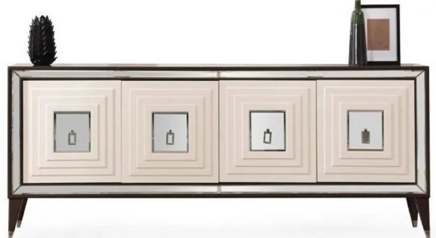 Casa Padrino Luxus Sideboard Dunkelbraun / Creme / Silber 220 x 48 x H. 90 cm - Verspiegelter Massivholz Schrank mit 4 Türen - Esszimmer Möbel - Luxus Möbel - Luxus Einrichtung