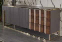 Casa Padrino Luxus Sideboard Grau / Braun / Gold 220 x 53 x H. 82 cm - Massivholz Schrank mit 2 Türen und 3 Schubladen - Esszimmer Möbel - Luxus Möbel - Luxus Kollektion