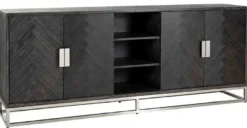 Casa Padrino Luxus Sideboard Schwarz / Silber 225 x 45 x H. 90 cm - Massivholz Schrank mit 4 Türen - Wohnzimmer Möbel - Hotel Möbel - Luxus Kollektion