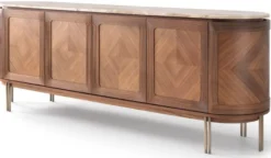 Casa Padrino Luxus Sideboard Braun / Beige / Messing 244 x 56 x H. 85 cm - Ovaler Massivholz Schrank mit 4 Türen und Marmorplatte - Esszimmer Möbel - Hotel Möbel - Luxus Möbel