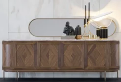 Casa Padrino Luxus Sideboard Braun / Beige / Messing 244 x 56 x H. 85 cm - Ovaler Massivholz Schrank mit 4 Türen und Marmorplatte - Esszimmer Möbel - Hotel Möbel - Luxus Möbel