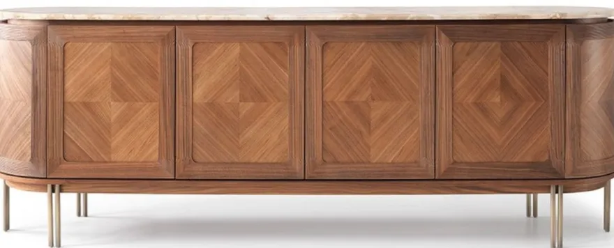 Casa Padrino Luxus Sideboard Braun / Beige / Messing 244 x 56 x H. 85 cm - Ovaler Massivholz Schrank mit 4 Türen und Marmorplatte - Esszimmer Möbel - Hotel Möbel - Luxus Möbel