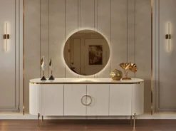 Casa Padrino Luxus Sideboard Weiß / Gold 210 x 52 x H. 78 cm - Edler Massivholz Schrank mit 4 Türen - Luxus Möbel