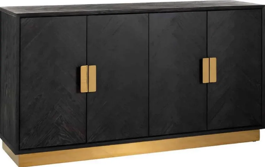 Casa Padrino Luxus Sideboard Schwarz / Gold 160 x 45 x H. 86 cm - Massivholz Schrank mit 4 Türen - Wohnzimmer Möbel - Hotel Möbel - Luxus Kollektion