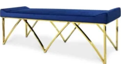 Casa Padrino Luxus Sitzbank Blau / Gold 152 x 65 x H. 50 cm - Gepolsterte Samt Bank mit Edelstahl Beinen - Luxus Qualität
