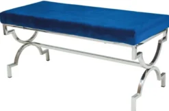 Casa Padrino Luxus Sitzbank Marineblau / Silber 99 x 43 x H. 46 cm - Gepolsterte Samt Bank mit verchromtem Edelstahl Gestell - Wohnzimmer Möbel