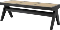 Casa Padrino Luxus Sitzbank Schwarz / Naturfarben 136 x 46 x H. 47 cm - Massivholz Bank mit handgewebtem Rattangeflecht - Luxus Möbel