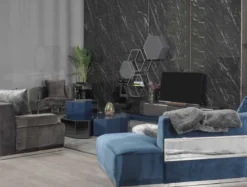 Casa Padrino Luxus Sofa Blau / Silber 480 x 100 x H. 70 cm - Gebogenes Wohnzimmer Sofa - Hotel Sofa - Wohnzimmer Möbel - Hotel Möbel - Luxus Möbel - Luxus Einrichtung