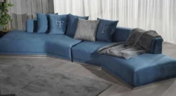 Casa Padrino Luxus Sofa Blau / Silber 480 x 100 x H. 70 cm - Gebogenes Wohnzimmer Sofa - Hotel Sofa - Wohnzimmer Möbel - Hotel Möbel - Luxus Möbel - Luxus Einrichtung