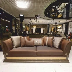 Casa Padrino Luxus Sofa Braun / Grau / Gold 263 cm - Wohnzimmer & Hotel Möbel