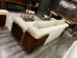 Casa Padrino Luxus Sofa Creme / Braun / Gold 247 x 100 x H. 70 cm - Wohnzimmer Sofa - Hotel Sofa - Wohnzimmer Möbel - Hotel Möbel - Luxus Möbel - Luxus Einrichtung - Wohnzimmer Einrichtung