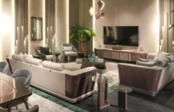 Casa Padrino Luxus Sofa Creme / Grau / Gold 280 x 98 x H. 85 cm - Wohnzimmer Sofa - Hotel Sofa - Wohnzimmer Möbel - Wohnzimmer Einrichtung - Hotel Möbel - Luxus Möbel - Luxus Einrichtung