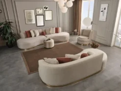 Casa Padrino Luxus Sofa Creme / Gold 270 x 120 x H. 76 cm - Gebogenes Wohnzimmer Sofa - Hotel Sofa - Wohnzimmer Möbel - Hotel Möbel - Luxus Möbel - Luxus Einrichtung - Wohnzimmer Einrichtung