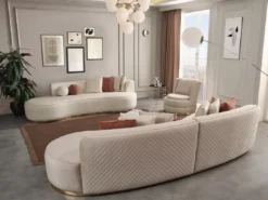 Casa Padrino Luxus Sofa Creme / Gold 270 x 120 x H. 76 cm - Gebogenes Wohnzimmer Sofa - Hotel Sofa - Wohnzimmer Möbel - Hotel Möbel - Luxus Möbel - Luxus Einrichtung - Wohnzimmer Einrichtung