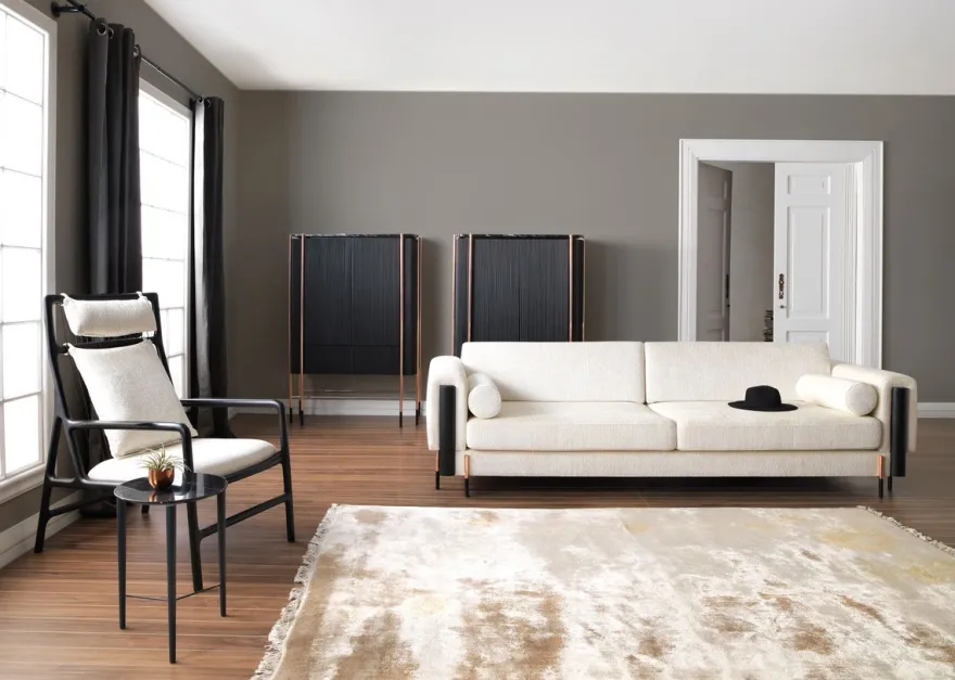 Casa Padrino Luxus Sofa Cremeweiß / Matt Schwarz / Kupfer 220 x 107 x H. 78 cm - Wohnzimmer Sofa - Hotel Sofa - Wohnzimmer Möbel - Hotel Möbel - Luxus Möbel - Luxus Einrichtung