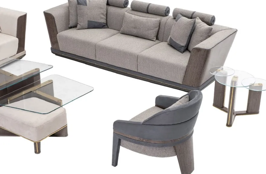 Casa Padrino Luxus Sofa Grau / Blau / Gold 280 x 98 x H. 85 cm - Wohnzimmer Sofa - Hotel Sofa - Wohnzimmer Möbel - Wohnzimmer Einrichtung - Hotel Möbel - Luxus Möbel - Luxus Einrichtung