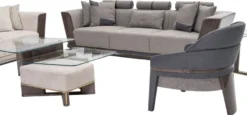 Casa Padrino Luxus Sofa Grau / Blau / Gold 280 x 98 x H. 85 cm - Wohnzimmer Sofa - Hotel Sofa - Wohnzimmer Möbel - Wohnzimmer Einrichtung - Hotel Möbel - Luxus Möbel - Luxus Einrichtung