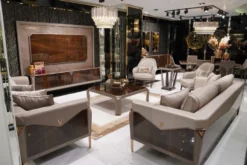 Casa Padrino Luxus Sofa Grau / Dunkelbraun / Kupfer - Wohnzimmer Sofa - Hotel Sofa - Wohnzimmer Möbel - Hotel Möbel - Luxus Möbel - Wohnzimmer Einrichtung - Luxus Einrichtung - Luxus Qualität