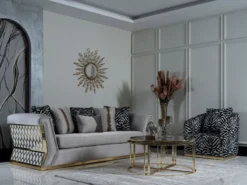 Casa Padrino Luxus Sofa Grau / Gold - Elegantes Wohnzimmer Sofa mit dekorativen Kissen - Luxus Wohnzimmer Möbel