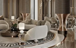 Casa Padrino Luxus Sofa Hellgrau / Kupfer 270 x 102 x H. 73 cm - Wohnzimmer Sofa - Hotel Sofa - Wohnzimmer Möbel - Wohnzimmer Einrichtung - Hotel Möbel - Luxus Möbel - Luxus Einrichtung