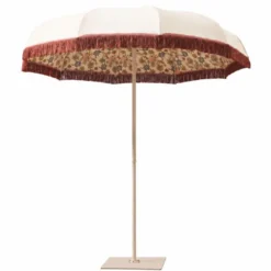 Casa Padrino Luxus Sonnenschirm im 70er Jahre Stil mit Blumen Design Naturfarben / Bunt / Weinrot Ø 220 x H. 240 cm - Made in Italy