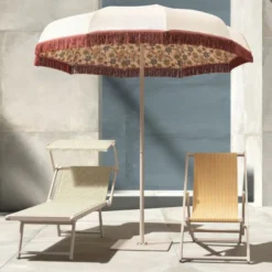 Casa Padrino Luxus Sonnenschirm im 70er Jahre Stil mit Blumen Design Naturfarben / Bunt / Weinrot Ø 220 x H. 240 cm - Made in Italy