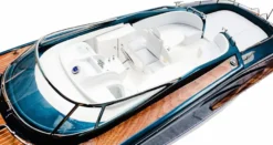 Casa Padrino Luxus Speedboot mit Massivholz Ständer Blau / Weiß / Braun 91 cm - Handgefertigtes Deko Holzboot Modellboot Boot
