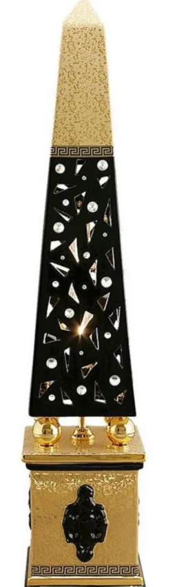 Casa Padrino Luxus Stehleuchte Obelisk Schwarz / Gold 22 x 22 x H. 105 cm - Handbemalte Keramik Stehlampe mit Swarovski Kristallglas - Luxus Lampe