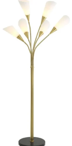 Casa Padrino Luxus Stehleuchte Antik Messingfarben / Schwarz / Weiß Ø 140 x H. 188 cm - Moderne Metall Stehleuchte mit Marmorsockel und 6 flexilblen Armen - Luxus Kollektion