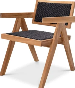Casa Padrino Luxus Teakholz Esszimmer Stuhl mit Armlehnen Naturfarben / Schwarz 56 x 65,5 x H. 78 cm - Garten Stuhl - Terrassen Stuhl - Garten Möbel - Esszimmer Möbel - Luxus Teakholz Möbel