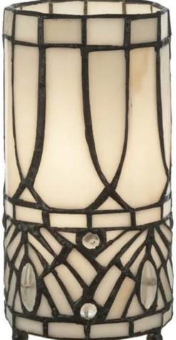 Casa Padrino Luxus Tiffany Tischleuchte Weiß / Schwarz Ø 10 x H. 20 cm - Runde Hockerleuchte - Schreibtischleuchte - Deko Leuchte