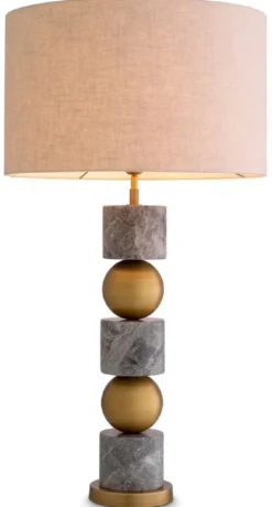 Casa Padrino Luxus Tischleuchte Antik Messing / Grau / Creme Ø 50 x H. 92,5 cm - Schreibtischleuchte mit rundem Lampenschirm - Luxus Tischleuchten - Luxus Schreibtischleuchten - Luxus Leuchten