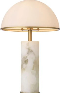 Casa Padrino Luxus Tischleuchte Alabaster / Antik Messingfarben / Weiß Ø 39,5 x H. 65 cm - Moderne Alabaster Schreibtschleuchte mit Glas Lampenschirm - Luxus Kollektion