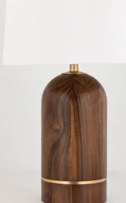 Casa Padrino Luxus Tischleuchte Braun / Antik Messing / Weiß Ø 40,6 x H. 66 cm - Elegante Massivholz Tischlampe mit rundem Leinen Lampenschirm