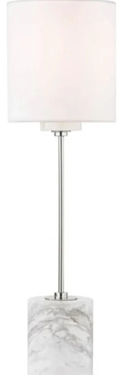 Casa Padrino Luxus Tischleuchte Silber / Weiß Ø 15,9 x H. 55,9 cm - Moderne runde Tischlampe mit Lampenschirm aus Kunstseide und Marmorsockel
