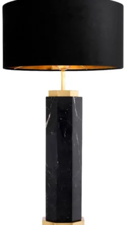 Casa Padrino Luxus Tischleuchte Schwarz / Antik Messing Ø 40 x H. 72,5 cm - Moderne Marmor Tischlampe mit rundem Lampenschirm - Luxus Qualität