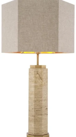 Casa Padrino Luxus Tischleuchte Beige / Antik Messing / Grau 46 x 46 x H. 84,5 cm - Travertin Schreibtischleuchte mit sechseckigem Lampenschirm - Luxus Tischleuchten - Luxus Schreibtischleuchten