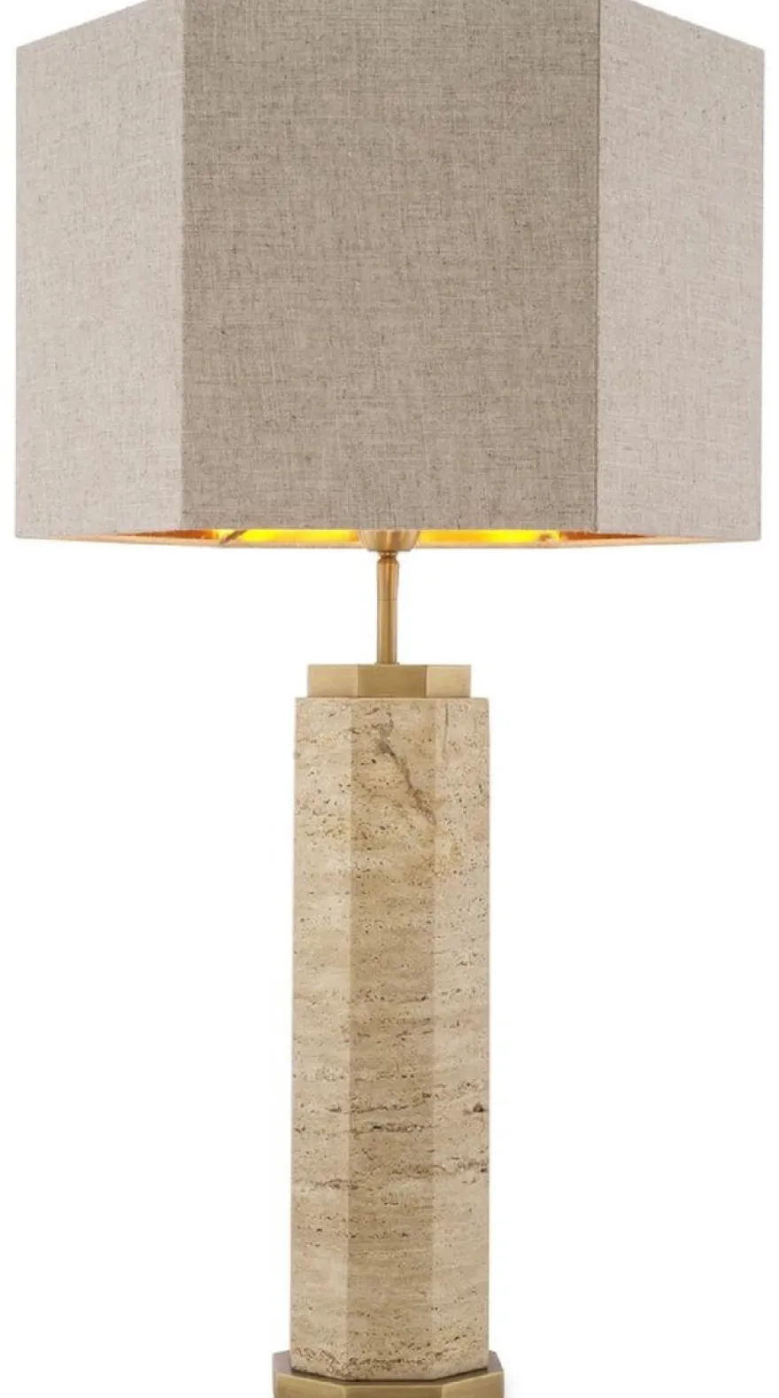 Casa Padrino Luxus Tischleuchte Beige / Antik Messing / Grau 46 x 46 x H. 84,5 cm - Travertin Schreibtischleuchte mit sechseckigem Lampenschirm - Luxus Tischleuchten - Luxus Schreibtischleuchten