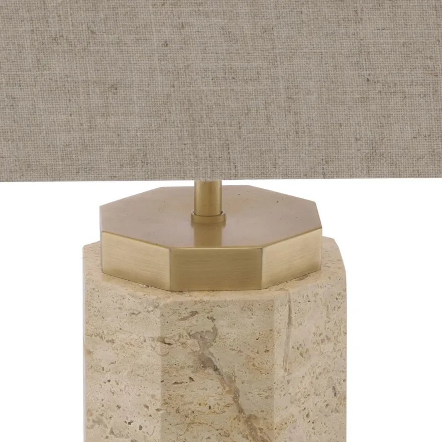 Casa Padrino Luxus Tischleuchte Beige / Antik Messing / Grau 46 x 46 x H. 84,5 cm - Travertin Schreibtischleuchte mit sechseckigem Lampenschirm - Luxus Tischleuchten - Luxus Schreibtischleuchten