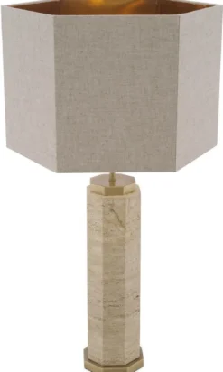 Casa Padrino Luxus Tischleuchte Beige / Antik Messing / Grau 46 x 46 x H. 84,5 cm - Travertin Schreibtischleuchte mit sechseckigem Lampenschirm - Luxus Tischleuchten - Luxus Schreibtischleuchten