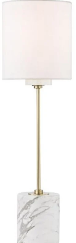 Casa Padrino Luxus Tischleuchte Antik Messing / Weiß Ø 15,9 x H. 55,9 cm - Moderne runde Tischlampe mit Lampenschirm aus Kunstseide und Marmorsockel
