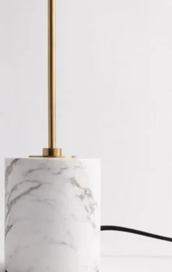 Casa Padrino Luxus Tischleuchte Antik Messing / Weiß Ø 15,9 x H. 55,9 cm - Moderne runde Tischlampe mit Lampenschirm aus Kunstseide und Marmorsockel